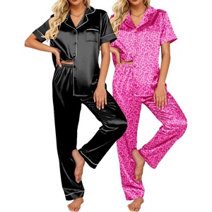 image:imageEkouaer Satin Pajamas Set Women Short Sleeve Sleepwear Soft Button Down Loungewear Pjs SetBlackPink Leopard