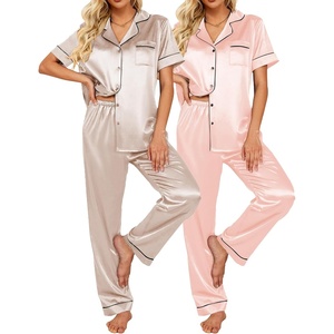 image:imageEkouaer Satin Pajamas Set Women Short Sleeve Sleepwear Soft Button Down Loungewear Pjs SetChampagnePink