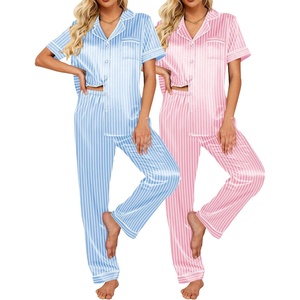 image:imageEkouaer Satin Pajamas Set Women Short Sleeve Sleepwear Soft Button Down Loungewear Pjs SetStriped PinkStriped Blue