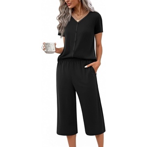 image:imageEkouaer Womens Pajama Sets Short Sleeve Sleepwear Button Up Pj Loungewear Top and Capri Pants with PocketsBlack