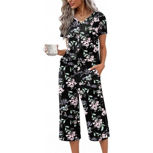 image:imageEkouaer Womens Pajama Sets Short Sleeve Sleepwear Button Up Pj Loungewear Top and Capri Pants with PocketsBlack Floral