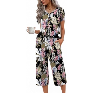 image:imageEkouaer Womens Pajama Sets Short Sleeve Sleepwear Button Up Pj Loungewear Top and Capri Pants with PocketsBlack and Pink Floral