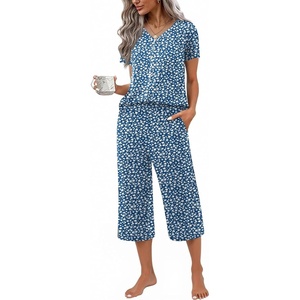 image:imageEkouaer Womens Pajama Sets Short Sleeve Sleepwear Button Up Pj Loungewear Top and Capri Pants with PocketsBlue Flower