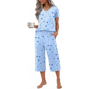 image:imageEkouaer Womens Pajama Sets Short Sleeve Sleepwear Button Up Pj Loungewear Top and Capri Pants with PocketsBlue Star