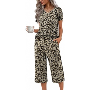 image:imageEkouaer Womens Pajama Sets Short Sleeve Sleepwear Button Up Pj Loungewear Top and Capri Pants with PocketsBrown Leopard