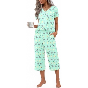 image:imageEkouaer Womens Pajama Sets Short Sleeve Sleepwear Button Up Pj Loungewear Top and Capri Pants with PocketsButterfly Green