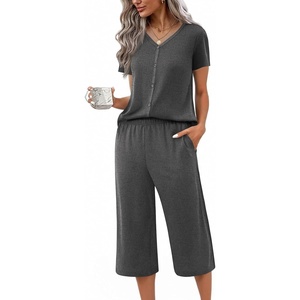 image:imageEkouaer Womens Pajama Sets Short Sleeve Sleepwear Button Up Pj Loungewear Top and Capri Pants with PocketsGrey