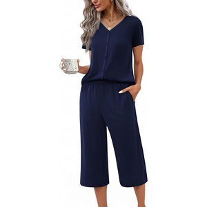 image:imageEkouaer Womens Pajama Sets Short Sleeve Sleepwear Button Up Pj Loungewear Top and Capri Pants with PocketsNavy Blue