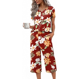 image:imageEkouaer Womens Pajama Sets Short Sleeve Sleepwear Button Up Pj Loungewear Top and Capri Pants with PocketsRed Floral