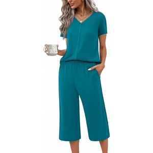 image:imageEkouaer Womens Pajama Sets Short Sleeve Sleepwear Button Up Pj Loungewear Top and Capri Pants with PocketsTeal