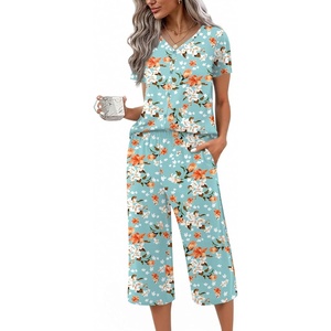 image:imageEkouaer Womens Pajama Sets Short Sleeve Sleepwear Button Up Pj Loungewear Top and Capri Pants with PocketsTurquoise Floral