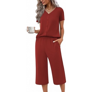 image:imageEkouaer Womens Pajama Sets Short Sleeve Sleepwear Button Up Pj Loungewear Top and Capri Pants with PocketsWine Red