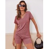 image:imageEkouaer Biker Short Sets Women 2 Piece Outfits Ribbed Pajama Short Sleeve Workout SetWine Red