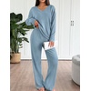 image:imageEkouaer Lounge Sets for Women Long Sleeve Knit Ribbed Pajama Sets 2 Piece Casual Loungewear with PocketsLight Blue