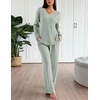 image:imageEkouaer Lounge Sets for Women Long Sleeve Knit Ribbed Pajama Sets 2 Piece Casual Loungewear with PocketsLight Green