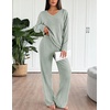 image:imageEkouaer Lounge Sets for Women Long Sleeve Knit Ribbed Pajama Sets 2 Piece Casual Loungewear with PocketsLight Green