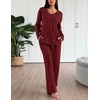 image:imageEkouaer Lounge Sets for Women Long Sleeve Knit Ribbed Pajama Sets 2 Piece Casual Loungewear with PocketsRed