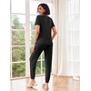 image:imageEkouaer Pajamas for Women Set 2 Piece Rib Knit Lounge Set Joggers Loungewear Short Sleeve Pjs with PocketsBlack