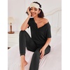 image:imageEkouaer Pajamas for Women Set 2 Piece Rib Knit Lounge Set Joggers Loungewear Short Sleeve Pjs with PocketsBlack