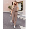 image:imageEkouaer Pajamas for Women Set 2 Piece Rib Knit Lounge Set Joggers Loungewear Short Sleeve Pjs with PocketsBrown