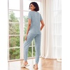 image:imageEkouaer Pajamas for Women Set 2 Piece Rib Knit Lounge Set Joggers Loungewear Short Sleeve Pjs with PocketsLight Blue
