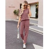 image:imageEkouaer Pajamas for Women Set 2 Piece Rib Knit Lounge Set Joggers Loungewear Short Sleeve Pjs with PocketsWine Red