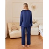 image:imageEkouaer Silk Pajamas For Women 2 Piece Set Satin Pjs Long Sleeve Button Up Sleepwear Comfy Lounge setsNavy Blue