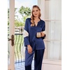 image:imageEkouaer Silk Pajamas For Women 2 Piece Set Satin Pjs Long Sleeve Button Up Sleepwear Comfy Lounge setsNavy Blue