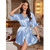 image:imageEkouaer Silk Robes for Women Short Lightweight Bathrobe Ruffled Satin Kimono Robes Sexy Bride Bridesmaid SleepwearBlue