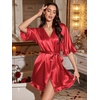 image:imageEkouaer Silk Robes for Women Short Lightweight Bathrobe Ruffled Satin Kimono Robes Sexy Bride Bridesmaid SleepwearRed