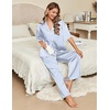 image:imageEkouaer Silk Satin Pajamas Set Women Short Sleeve Pj Sets Button Down Sleepwear 2 Piece Soft Loungewear SXXLBlue Stripes