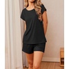 image:imageEkouaer Women 2 Piece Pajamas Set Short Sleeve Comfy Lounge Set Round Neck Tops and Shorts Pjs with PocketsBlack