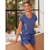 image:imageEkouaer Women 2 Piece Pajamas Set Short Sleeve Comfy Lounge Set Round Neck Tops and Shorts Pjs with PocketsDark Blue