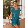image:imageEkouaer Women 2 Piece Pajamas Set Short Sleeve Comfy Lounge Set Round Neck Tops and Shorts Pjs with PocketsDark Green