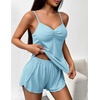 image:imageEkouaer Womens Cami Pajama Sets 2 Piece Ribbed Knit Lingerie Sleeveless Tank Top and Shorts Camisole Pjs SleepwearLight Blue