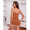 image:imageEkouaer Womens Pajama Sets Soft Lingerie Sleepwear 2 Piece Cami Shorts Set V Neck Pj Lace NightwearCaramel