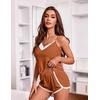 image:imageEkouaer Womens Pajama Sets Soft Lingerie Sleepwear 2 Piece Cami Shorts Set V Neck Pj Lace NightwearCaramel