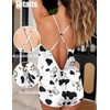 image:imageEkouaer Womens Satin Pajama Set Backless Cami Top and Shorts Soft Pjs Set for Lounging or SleepwearBlack White Cow