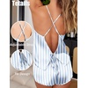 image:imageEkouaer Womens Satin Pajama Set Backless Cami Top and Shorts Soft Pjs Set for Lounging or SleepwearBlue Striped