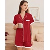 image:imageEkouaer Womens Short Sleeve Pajamas Set Soft Sleepwear Button Down Lounge Set Lace Top and Shorts Pj NightwearDeep Red