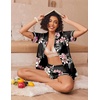 image:imageEkouaer Womens Silk Pajama Sets Button Up Satin Pjs Short Sleeve 2 Piece Pj Sets Cute Lounge Sets with Chest PocketBlack Flowers