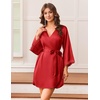 image:imageEkouaer Womens Silk Robe Short Satin Kimono Robe 34 Sleeves Lace Trim Bathrobe V Neck Bride Bridsmaid Sleepwear with Pocket