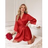 image:imageEkouaer Womens Silk Robe Short Satin Kimono Robe 34 Sleeves Lace Trim Bathrobe V Neck Bride Bridsmaid Sleepwear with Pocket