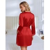image:imageEkouaer Womens Silk Robe Short Satin Kimono Robe 34 Sleeves Lace Trim Bathrobe V Neck Bride Bridsmaid Sleepwear with Pocket