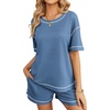 image:imageEkouaer Womens Waffle Knit Two Piece Lounge Set Soft Matching Outfits for Daily Wear Casual Shorts Set with PocketBlue