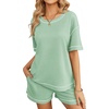 image:imageEkouaer Womens Waffle Knit Two Piece Lounge Set Soft Matching Outfits for Daily Wear Casual Shorts Set with PocketIce Green