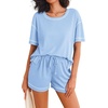 image:imageEkouaer Womens Waffle Knit Two Piece Lounge Set Soft Matching Outfits for Daily Wear Casual Shorts Set with PocketLight Blue