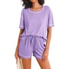 image:imageEkouaer Womens Waffle Knit Two Piece Lounge Set Soft Matching Outfits for Daily Wear Casual Shorts Set with PocketLilac