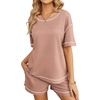 image:imageEkouaer Womens Waffle Knit Two Piece Lounge Set Soft Matching Outfits for Daily Wear Casual Shorts Set with PocketLotus Root Starch
