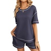 image:imageEkouaer Womens Waffle Knit Two Piece Lounge Set Soft Matching Outfits for Daily Wear Casual Shorts Set with PocketNavy Blue